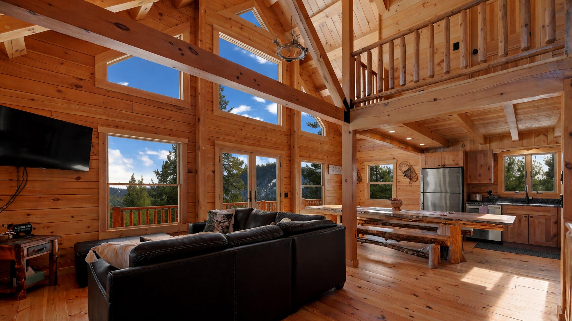 Timber frame mountain home interior in Pine Mountain Club California