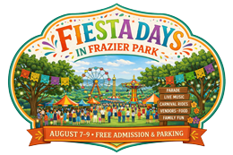 Fiesta Days Frazier Park carnival event logo with rides vendor tents oak trees and summer festival crowd near Pine Mountain Club California