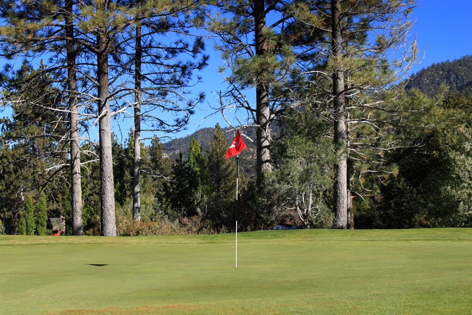 Flagstick on putting green at Pine Mountain Club golf course