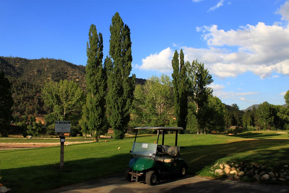 Golf cart near poplar trees at Pine Mountain Club golf course