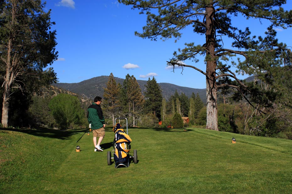 Golfer with cart at Pine Mountain Club golf course