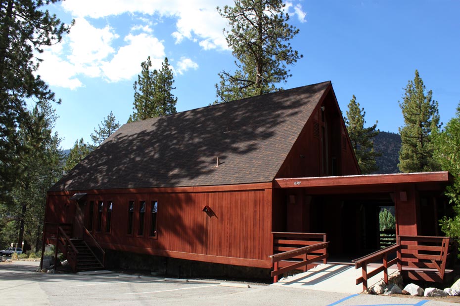 Red covered bridge-style building in Pine Mountain Club village