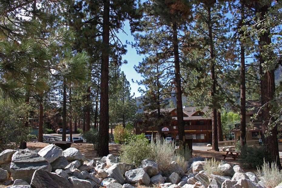 Rock landscaping and village shops in Pine Mountain Club