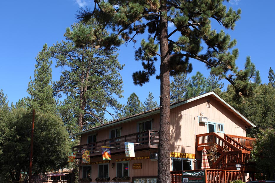 Pine Mountain Club village building framed by tall pine trees