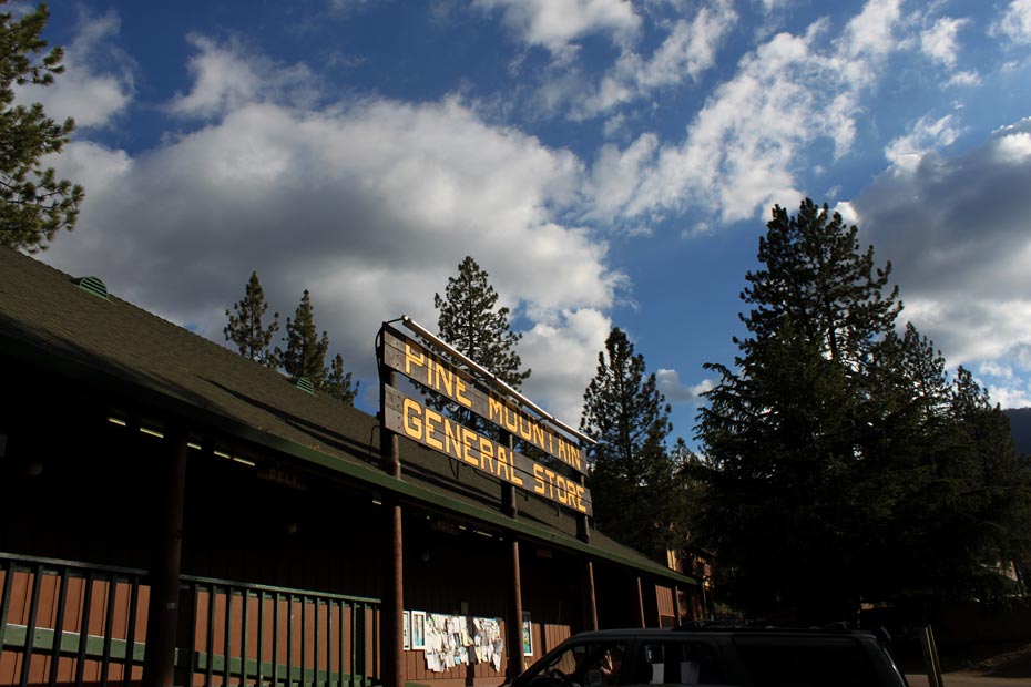 Village business signs on a rustic storefront in Pine Mountain Club