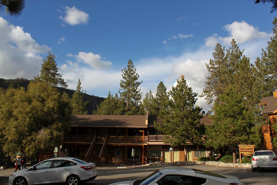 Wide view of Pine Mountain Club village shops and parking area