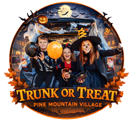 Trunk or Treat Pine Mountain Village Halloween event logo with kids costumes and decorated car trunk Pine Mountain Club California