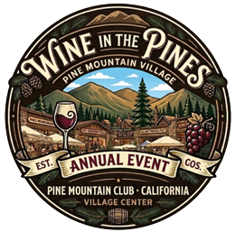 Wine in the Pines Pine Mountain Club event logo with wine tasting outdoor mountain setting and pine trees California